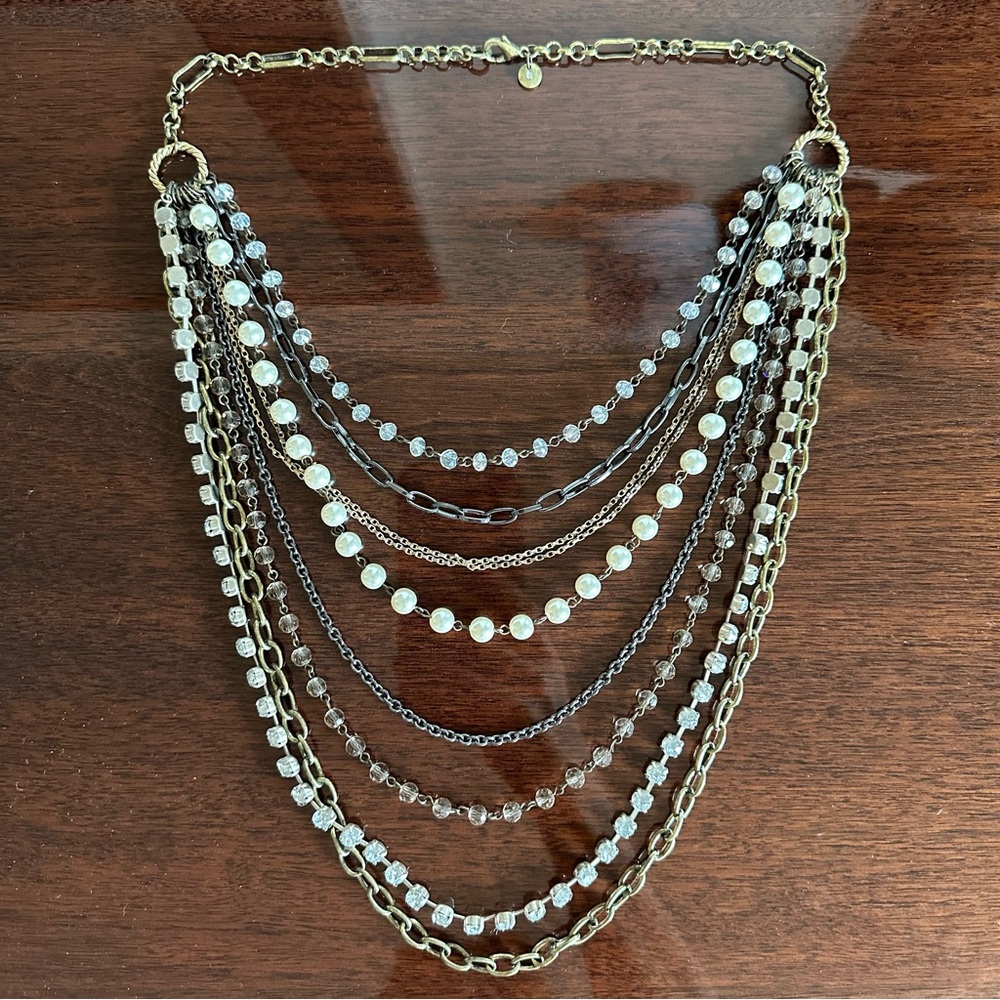 Multi-Strand Silver Necklace Mixed Materials Pearls Chains